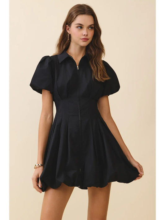 Fit and Flare Zipper Front Bubble Sleeves Dress