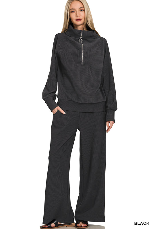 Ribbed high neck half zip pullover & pants set