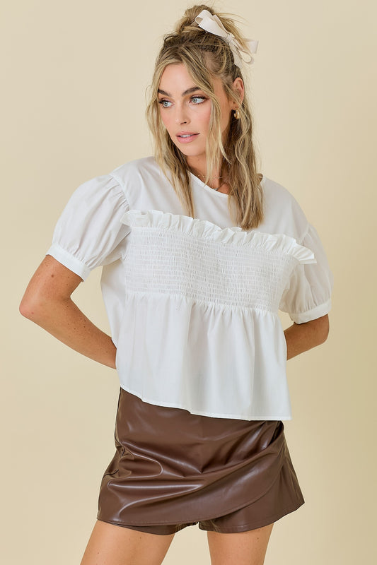 Poplin Blouse With Ruffle And Smocking Detai