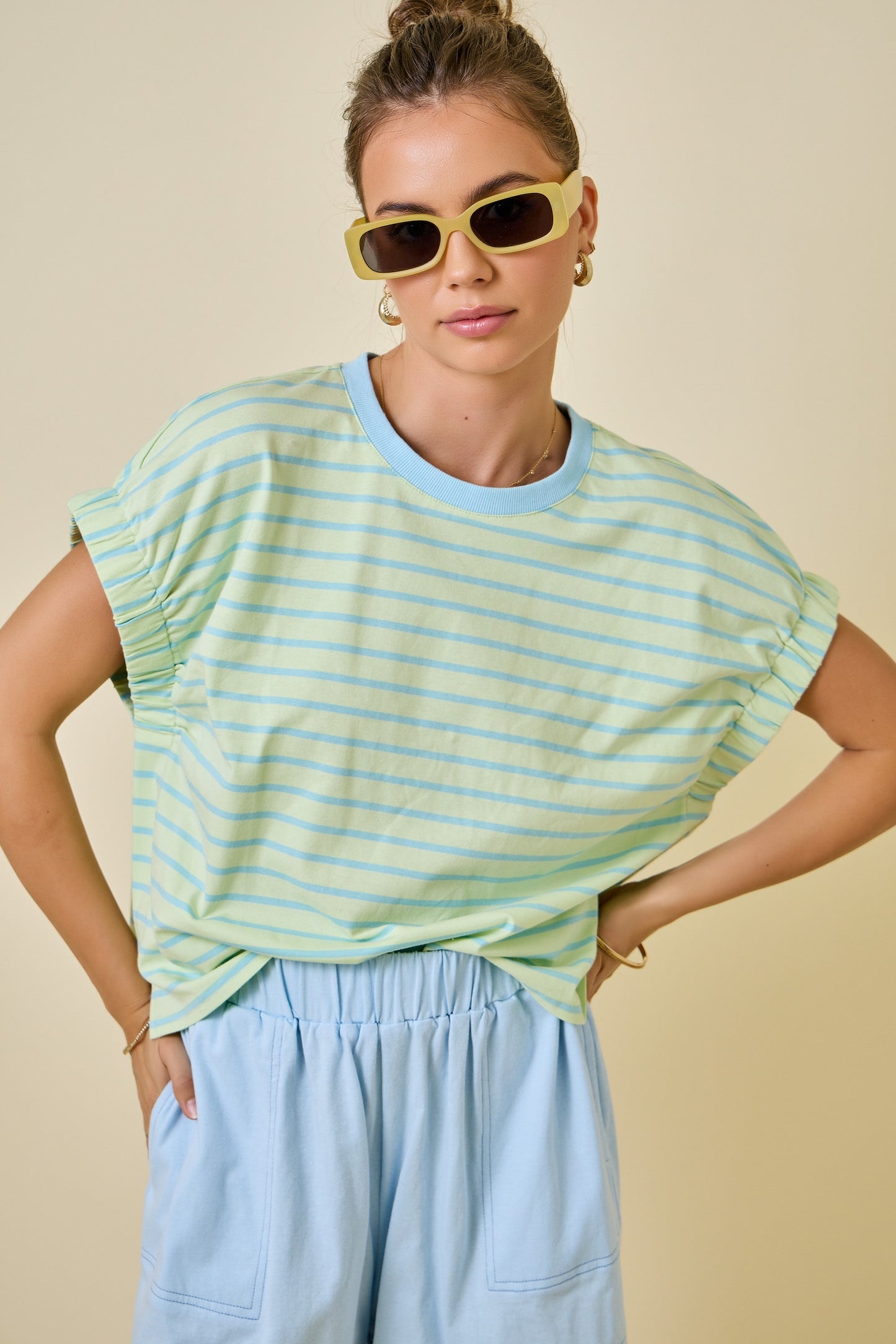 Striped Easy Knit T-shirt Top W/ Elastic Slvs