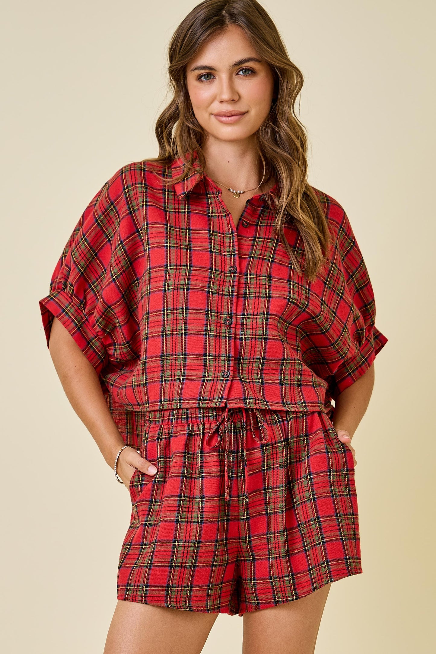 Plaid Cropped Button Down Shirt & Short Set