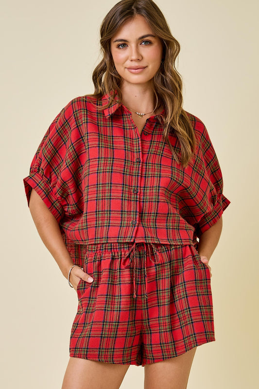 Plaid Cropped Button Down Shirt & Short Set