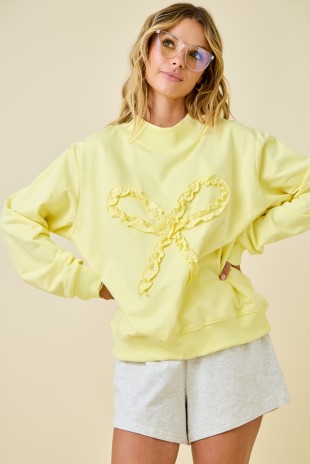 Oversized Mock Neck Sweatshirt W/Ruffle Trim Bow