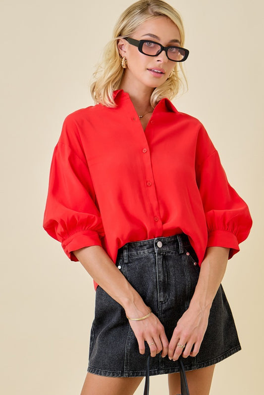 Button Down Collared Shirt With 3/4 Puff Sleeve