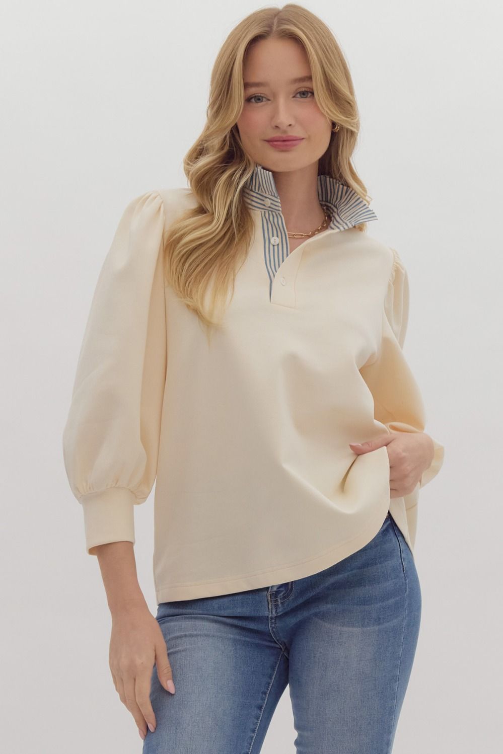 Balloon Sleeve Popover Contrast Ruffle Neck Top