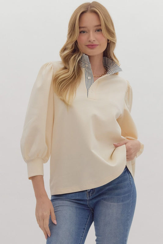 Balloon Sleeve Popover Contrast Ruffle Neck Top