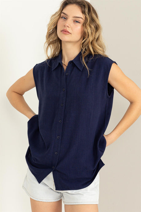 Linen Button Up Sleeveless Shirt