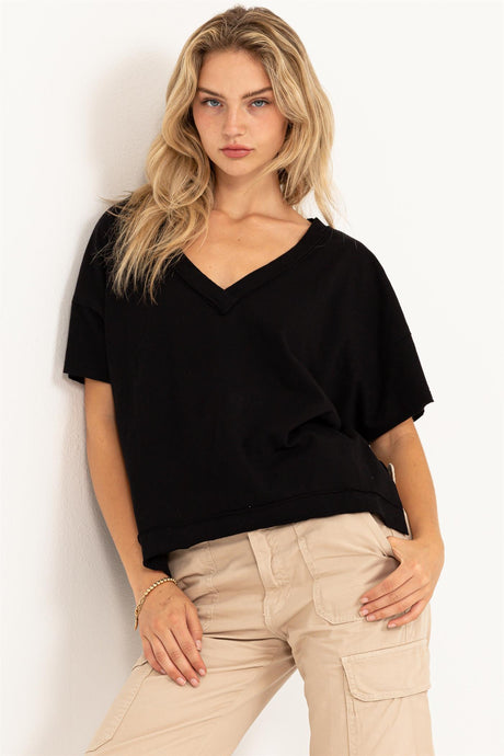 Raw Edge V Neck Oversized T-Shirt