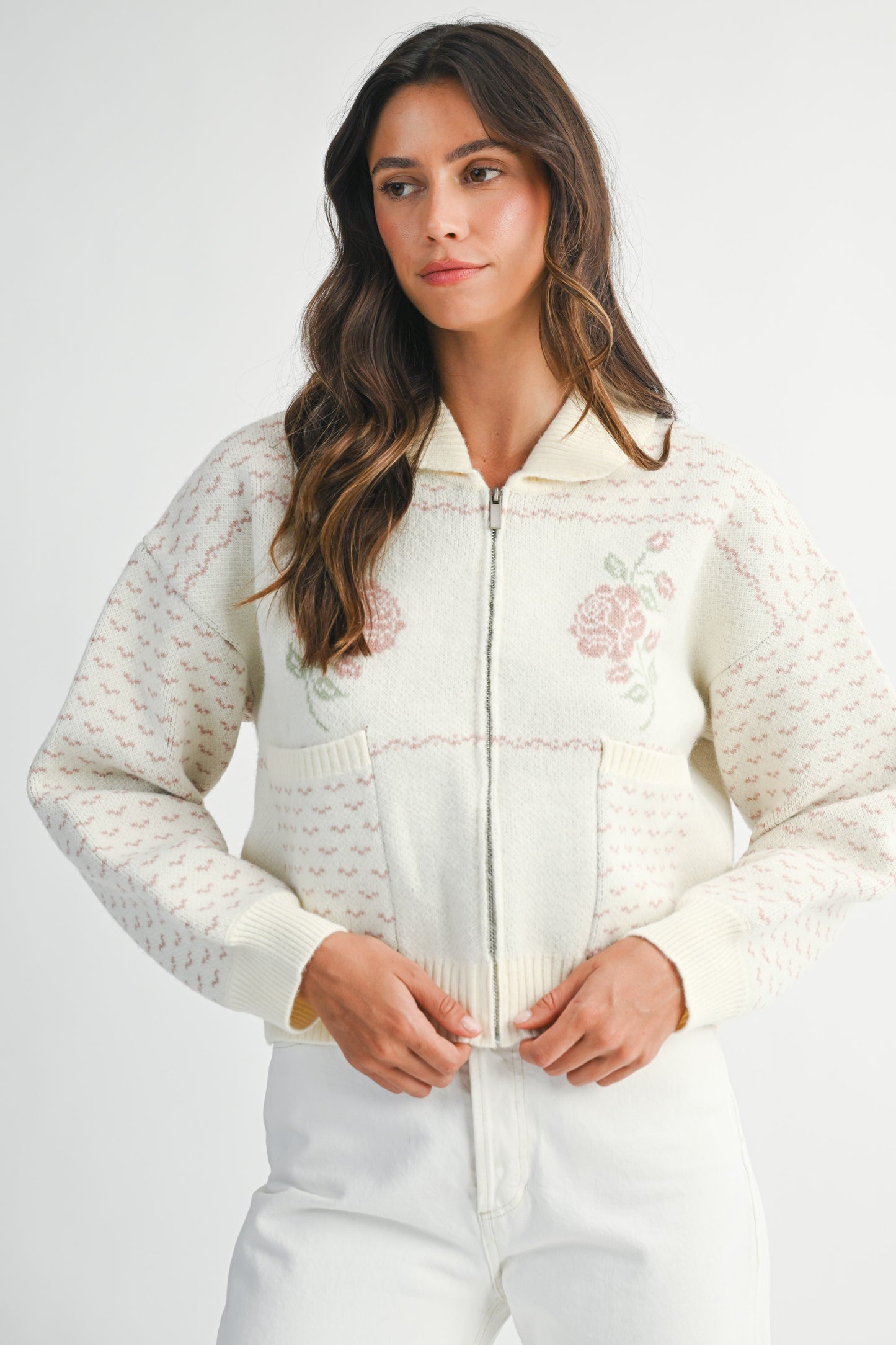 Rose Print Jacquard Knit Zip Up Cardigan Jacket