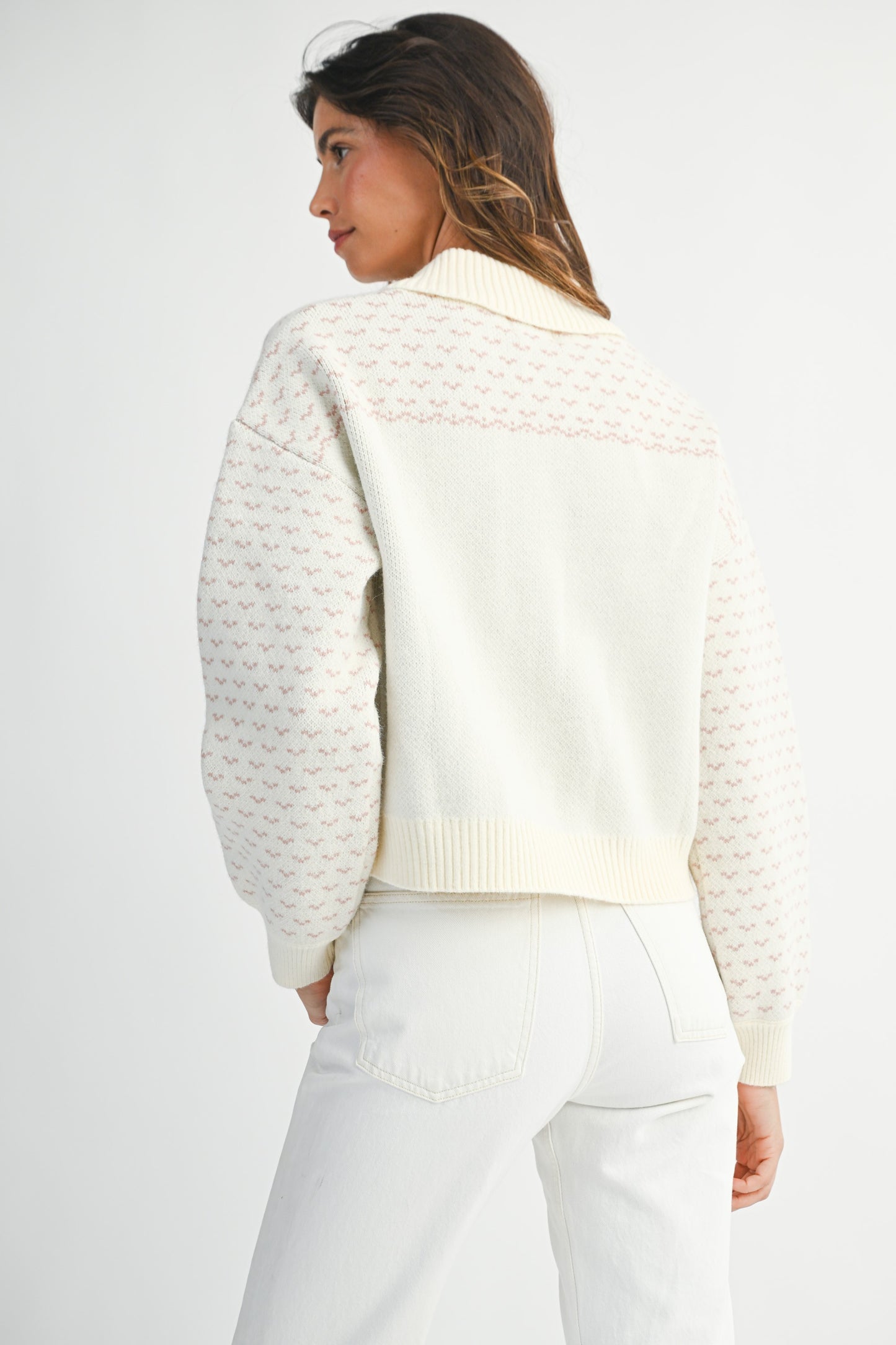 Rose Print Jacquard Knit Zip Up Cardigan Jacket