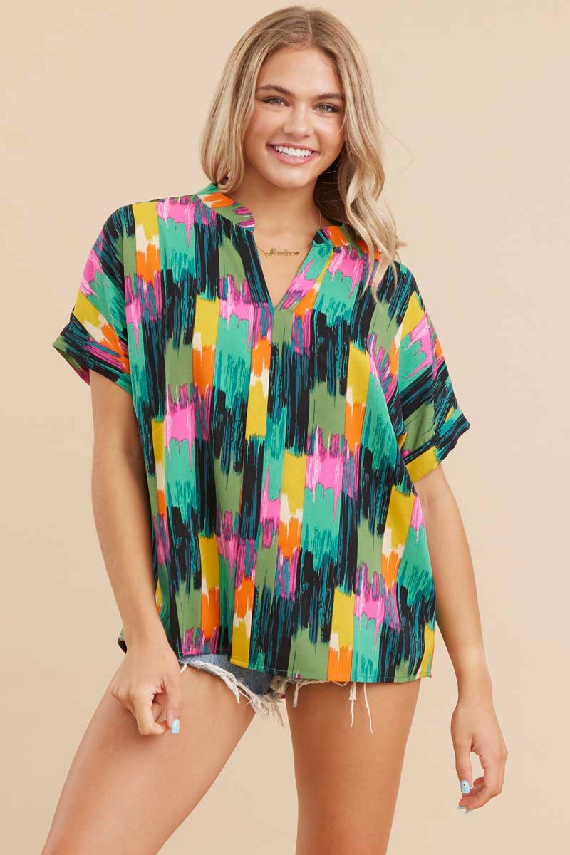 Abstract Print Slit Neck Top