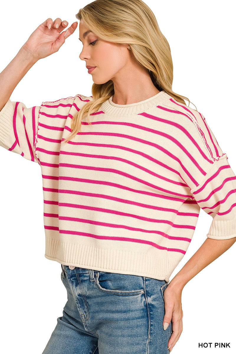 Striped Exposed Seam Half Sleeve Sweater