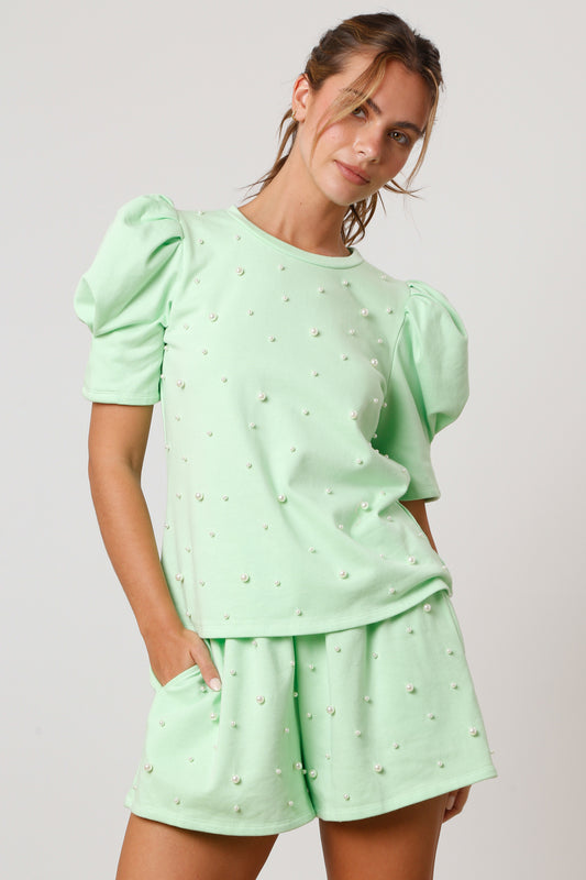 Puff Sleeve Pearl Top Set