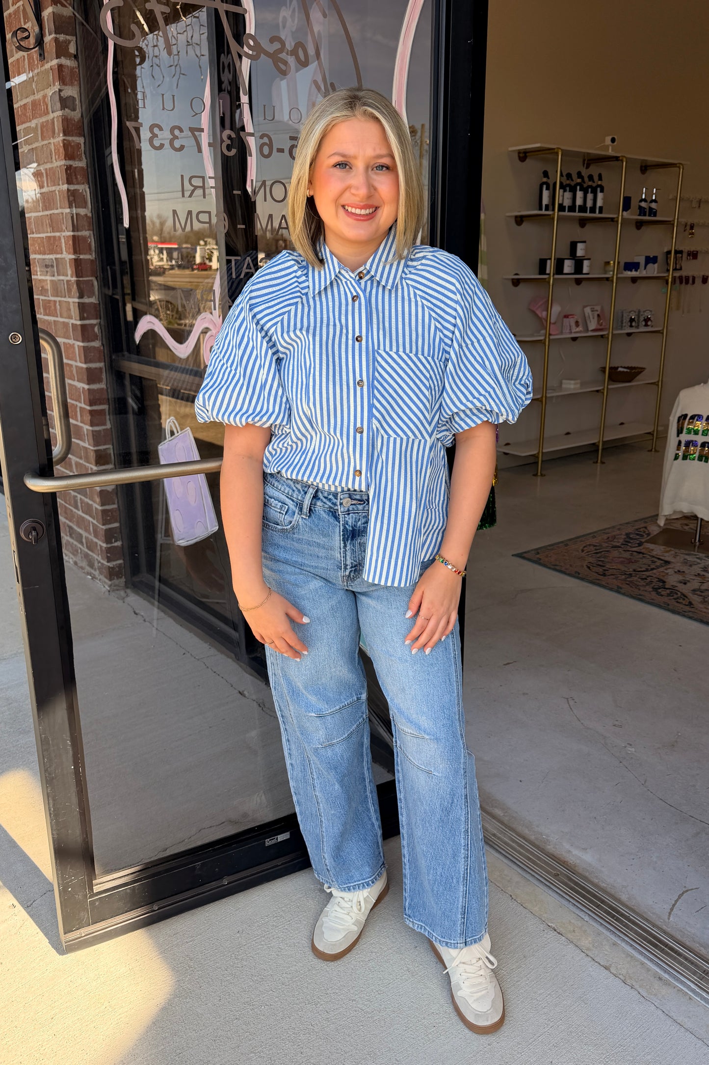 Striped Bubble Sleeve Button Down Top