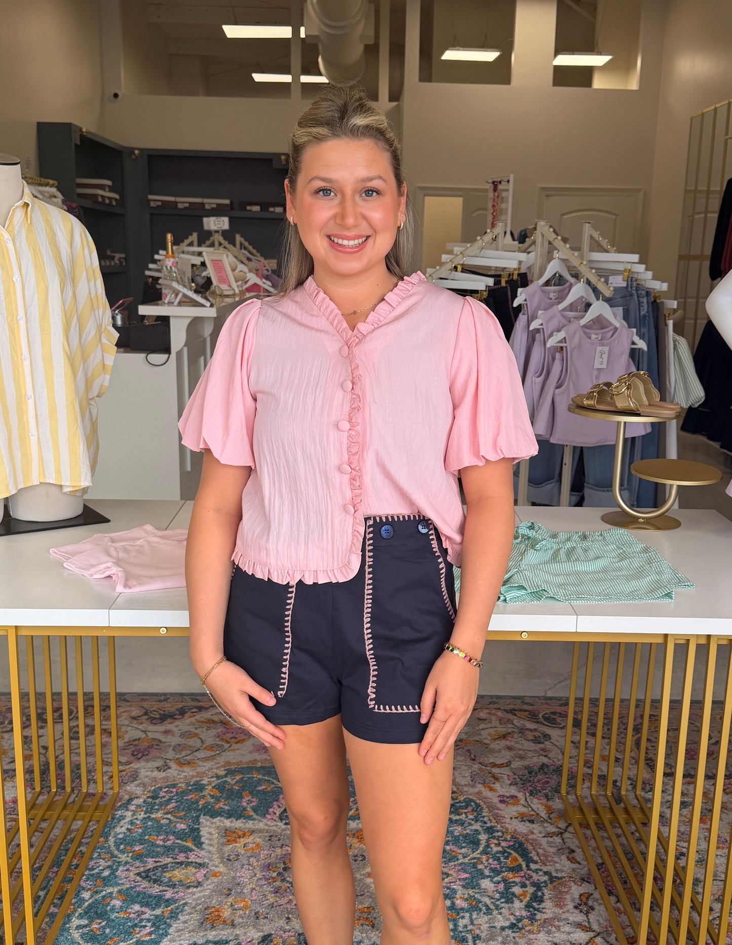 Nautical Contrast Stitch High-Waist Shorts