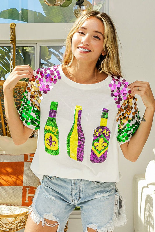 Mardi Gras Bottle Puff Sleeve Top