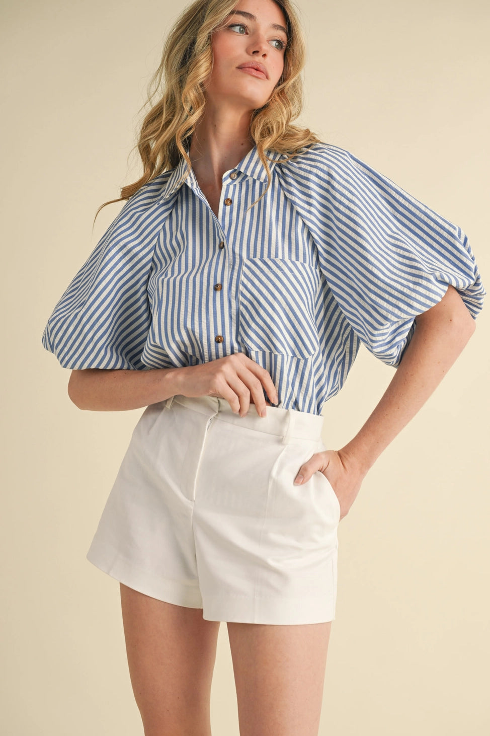 Striped Bubble Sleeve Button Down Top
