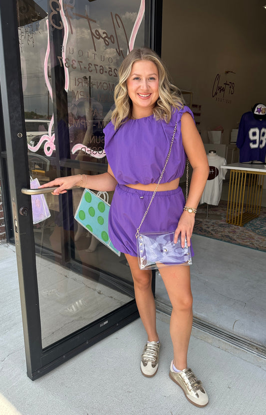 Purple Shirring Slvless Crop Top And Bubble Skirt Set