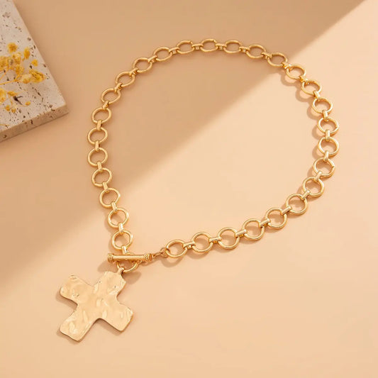 Gold Notable Hammered Cross Front Toggle Necklace