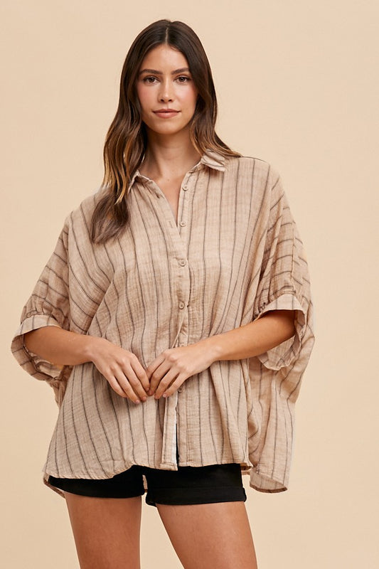 Oversized Drop Shoulder Striped Woven Blouse