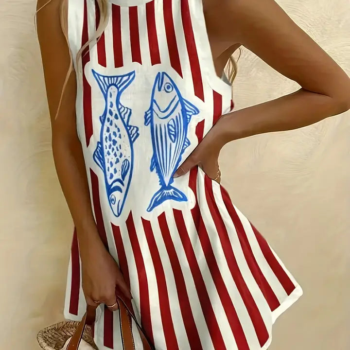 Ocean Sardines Print Sleeveless Mini Dress