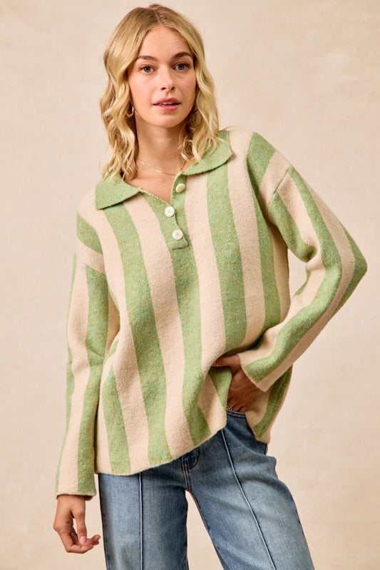 Striped Sweater Top With Front Buttoned