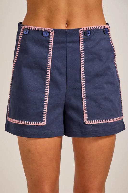 Nautical Contrast Stitch High-Waist Shorts