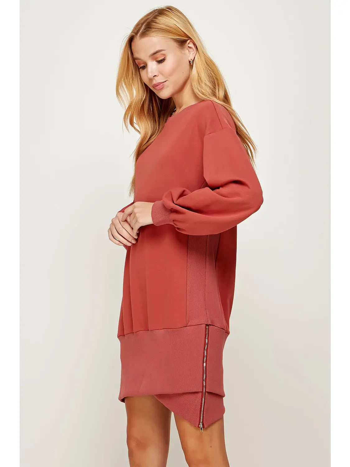 Zipper Ribbed Band Sweatshirt Mini Dress