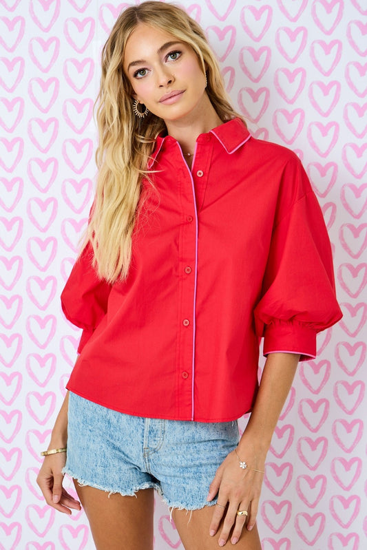 Button Down Shirt W/bubble Sleeves & contrast Piping