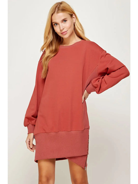 Zipper Ribbed Band Sweatshirt Mini Dress