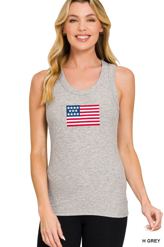 Ribbed American Flag Patch Scoop Neck Tank Top