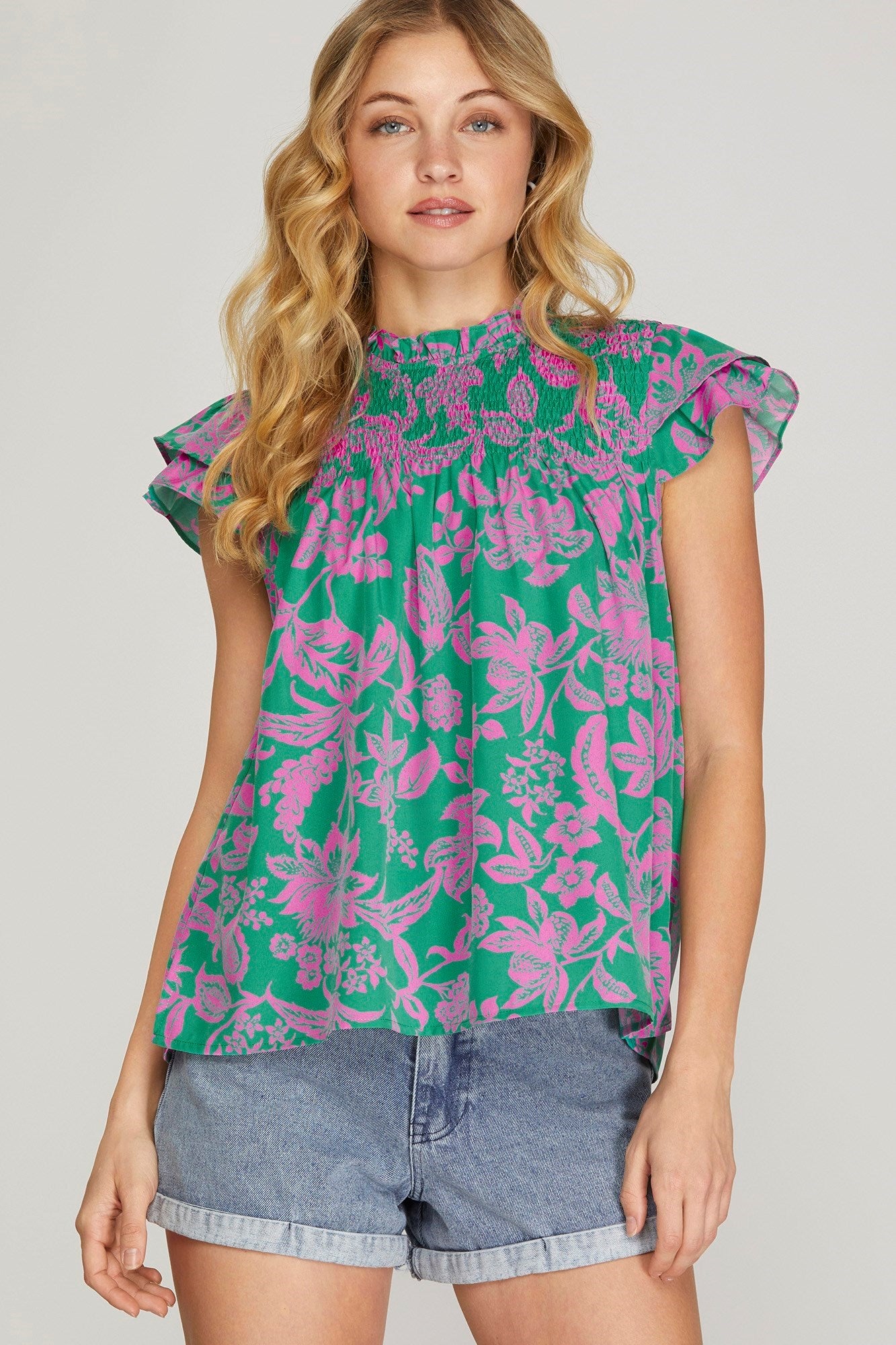 Smocked Flutter Sleeve Printed Top