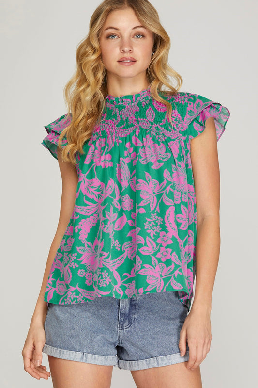 Smocked Flutter Sleeve Printed Top