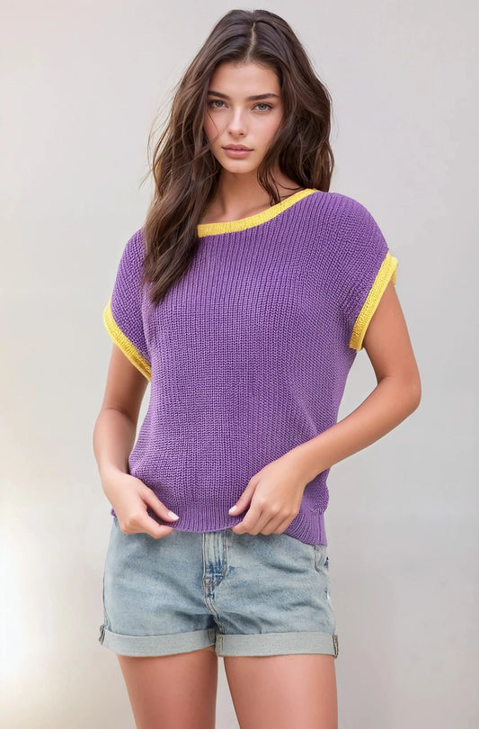 Rolled Sleeve Contrast Trim Knit Game Day Top
