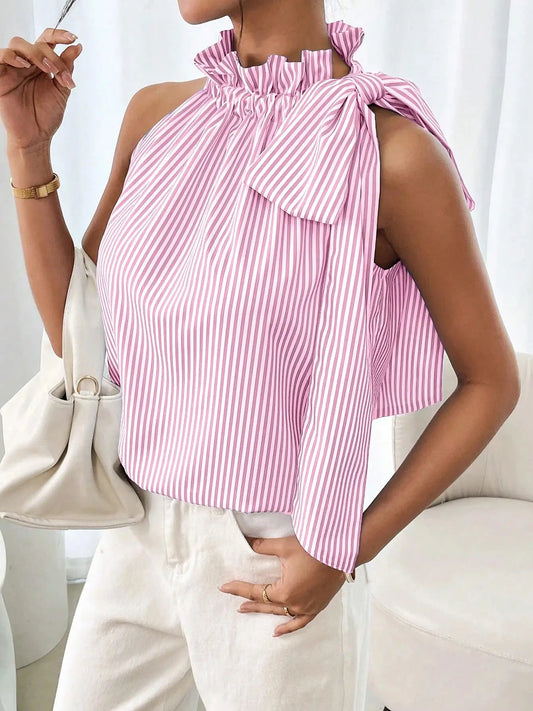 Striped High Collar Tied Sleeveless Top