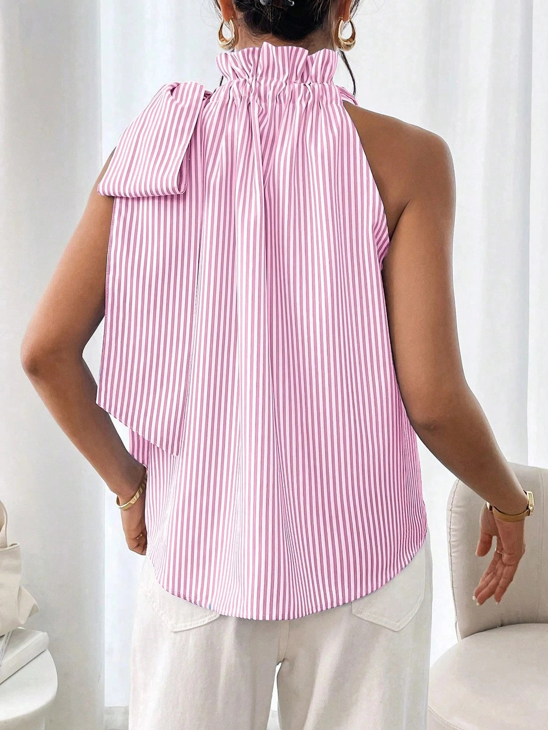 Striped High Collar Tied Sleeveless Top