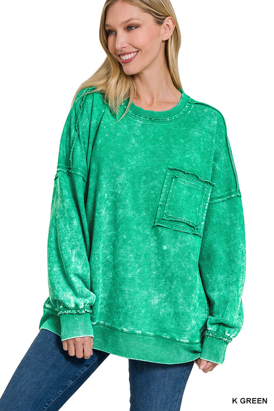 Washed Raw Edge Front Pocket Pullover