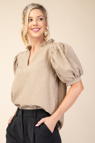 Ruffle V-Neck Puff Sleeve Top