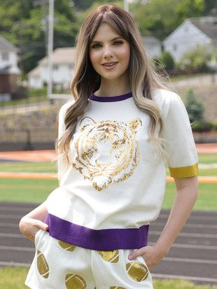 Tiger Sequin Knit Short Sleeve Top