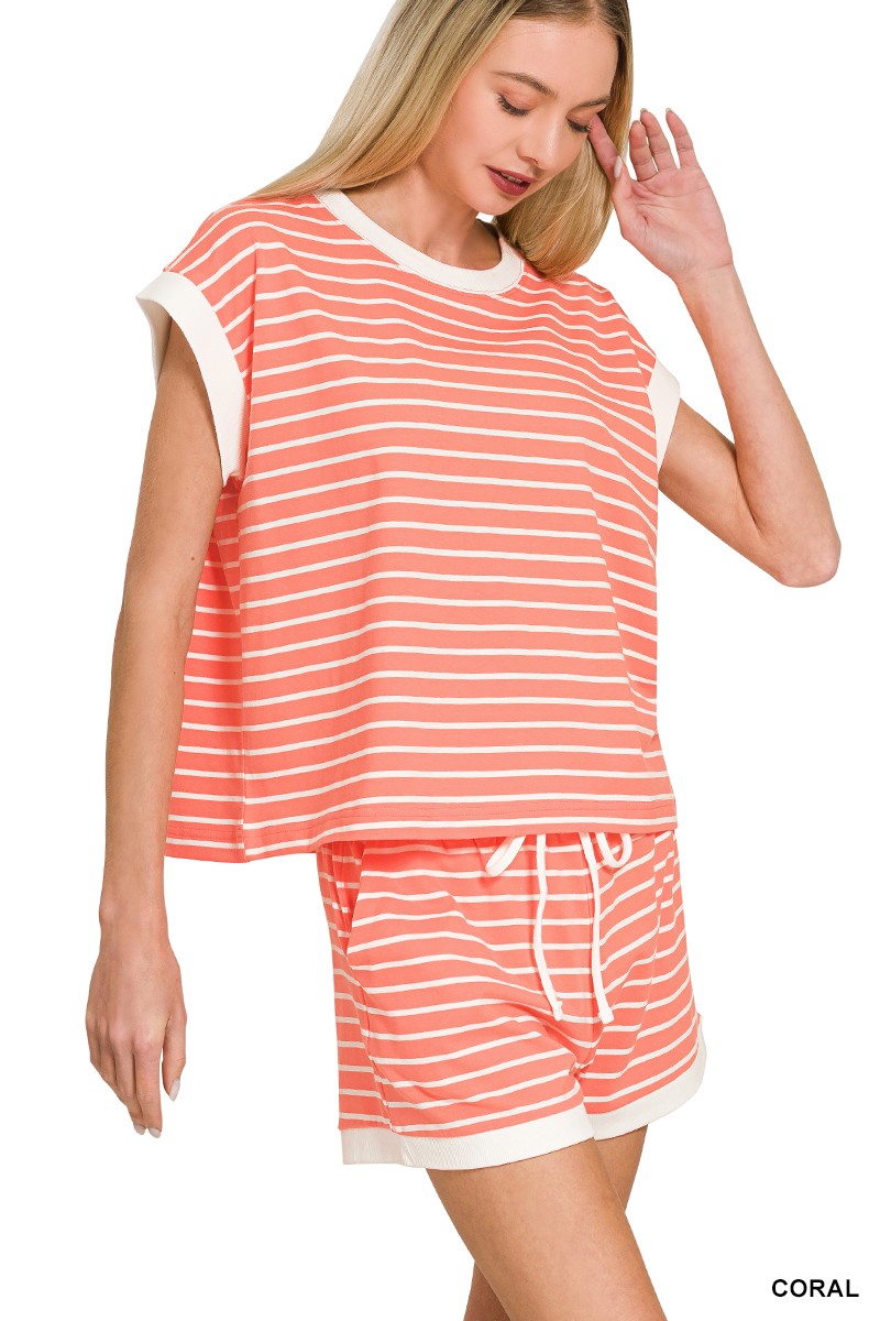 Stripe Contrast Trim Top & Shorts Set