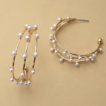 Triple Row Pearl Hoop Earrings