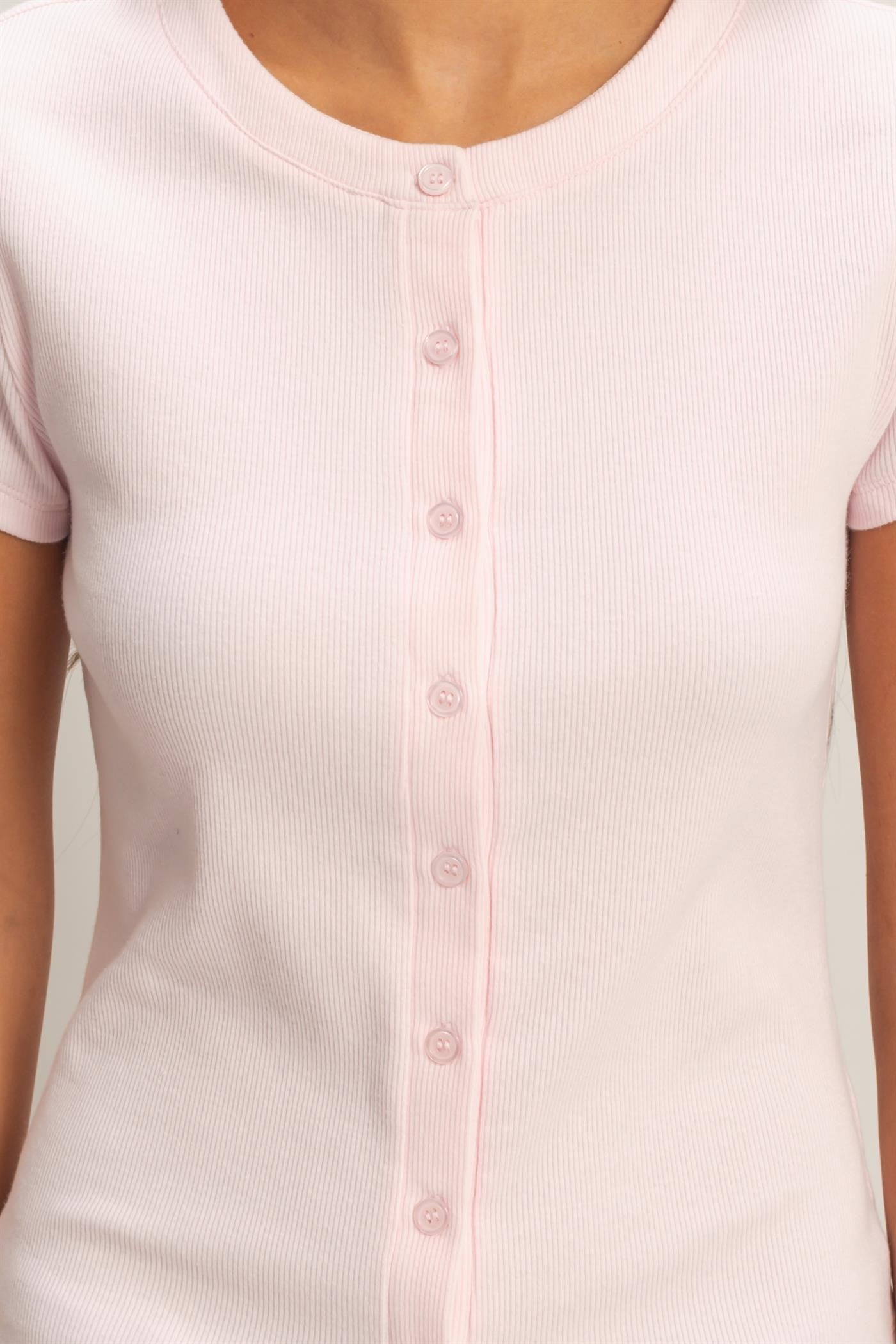 Ribbed Button-front Crew Neck Top