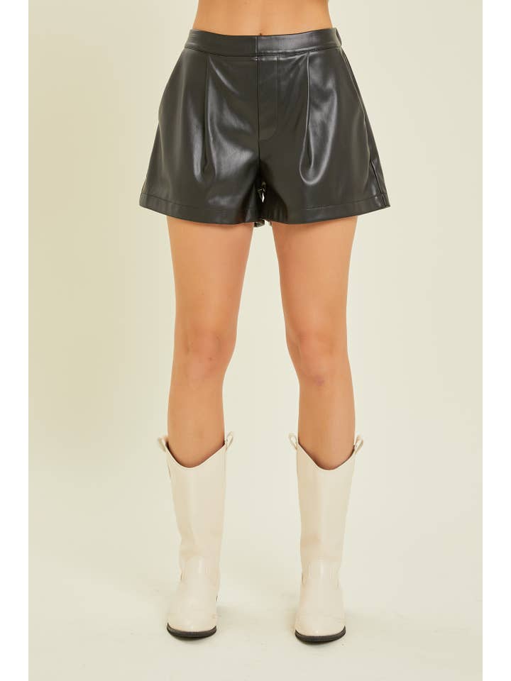 Black Leather Elastic Waist Shorts