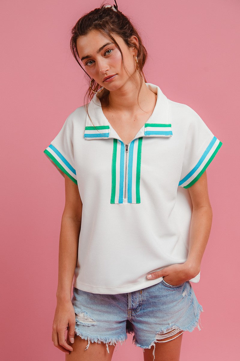 Contrast Banded Front Zip Up Top