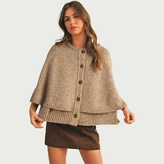 Button Closure Sweater Cape Cardigan