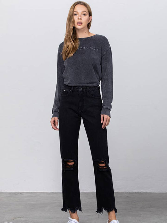 High Rise Ripped Frayed Straight Leg Jeans