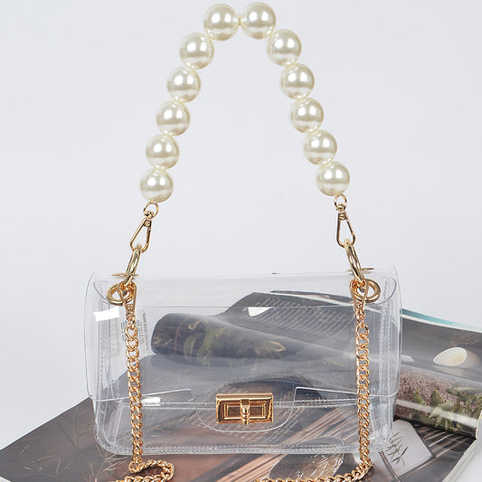 Clear Cross Body Bag W/Pearl Handle
