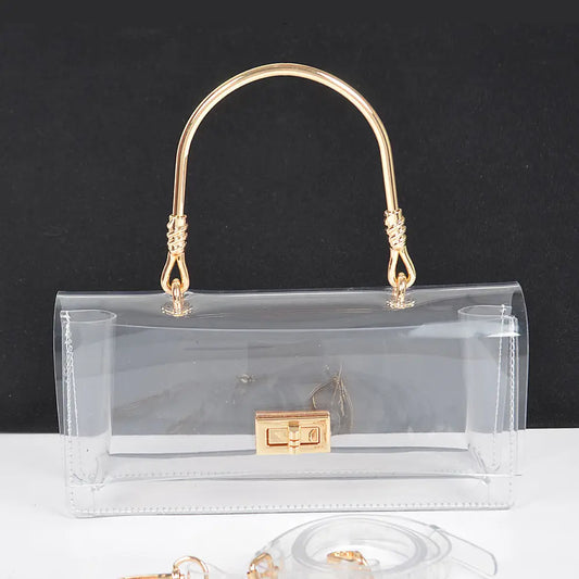 Transparent Metal Handle Clutch W/ Clear Cross Body Strap