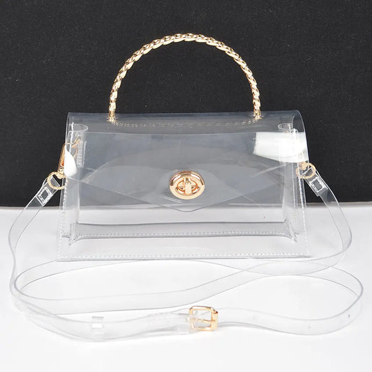 Ransparent Metal Handle Flap Clutch W/Clear Strap