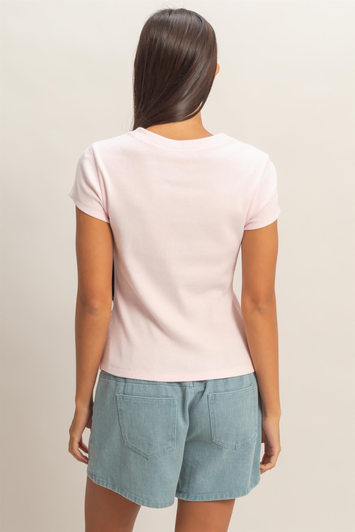 Ribbed Button-front Crew Neck Top